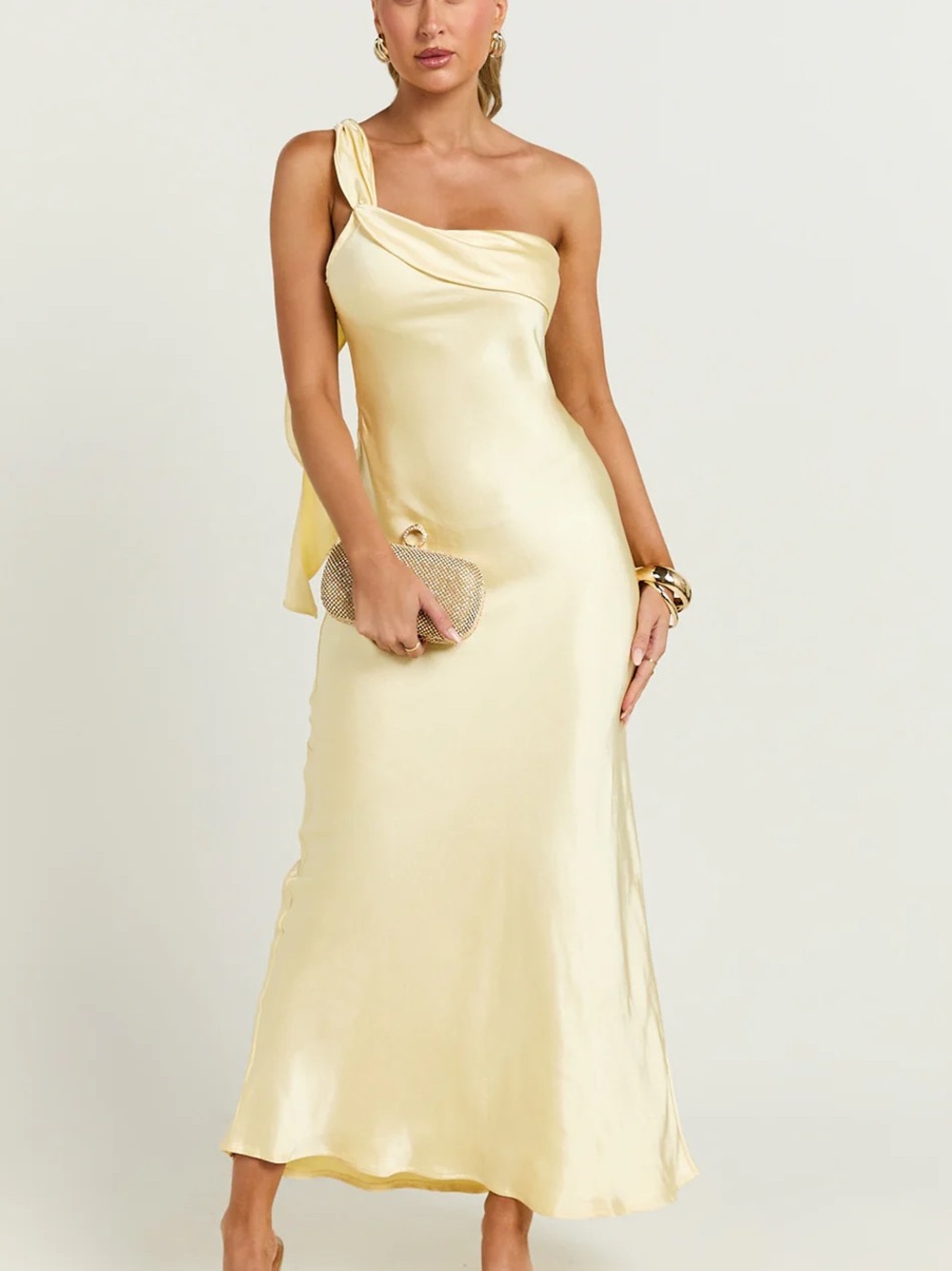 Showpo Pale Yellow One-Shoulder Draped Slip Dress - Picture 4 of 6